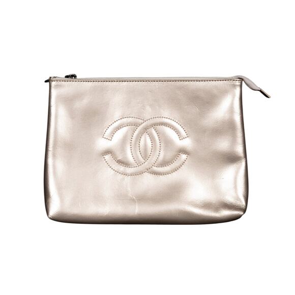 Chanel Metallic Rose Gold Leather Pouch Handbag | Quilted CC Logo | 10.25” x 8” - Picture 1 of 6